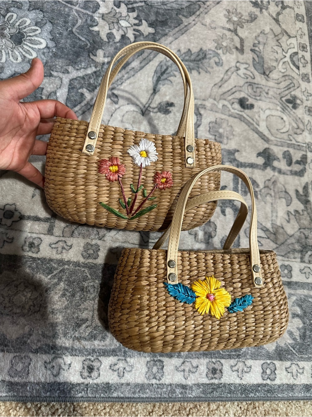 Woven Straw Tote Bag with Embroidered Floral Detail - Natural